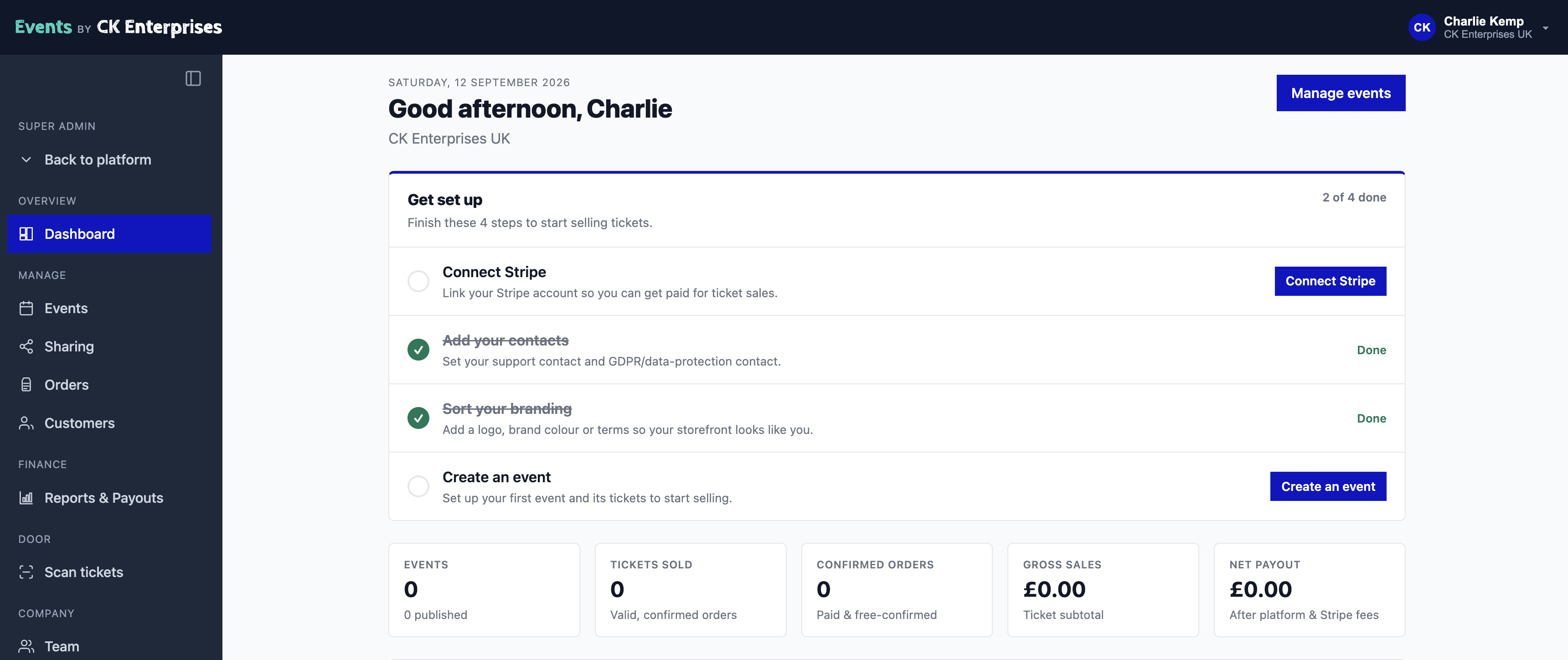 Events by CK Enterprises UK organiser dashboard