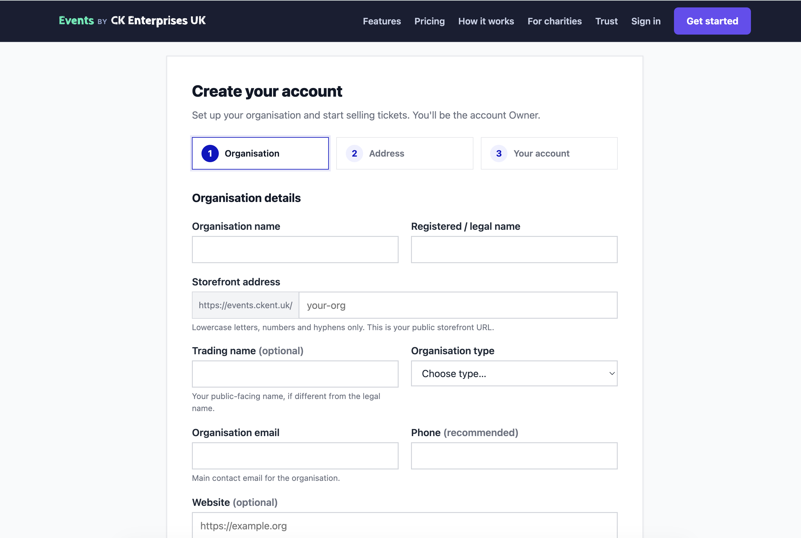 Events by CK Enterprises UK organisation signup screen