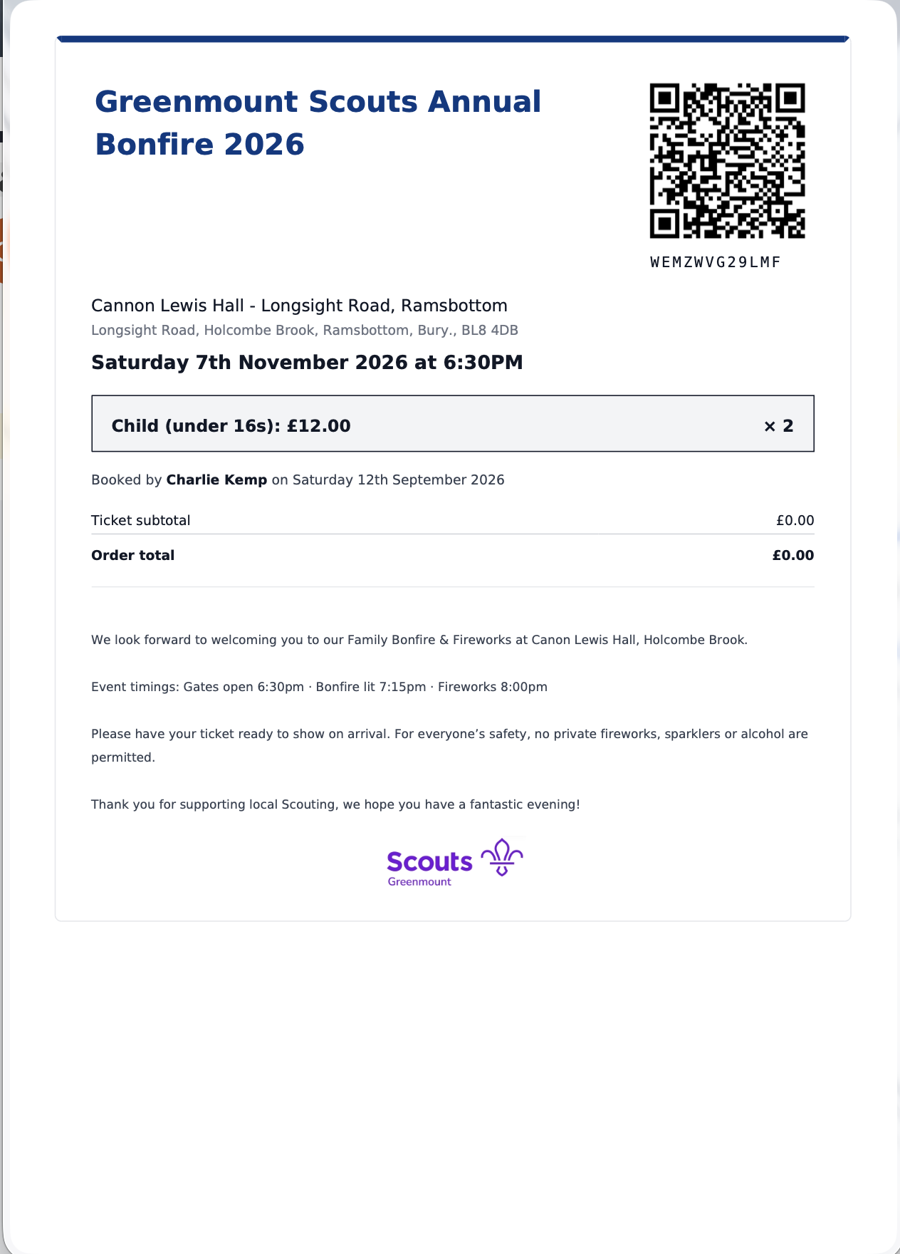Example event ticket with event details and QR code